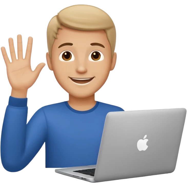 white man with laptop hand up hello emoji