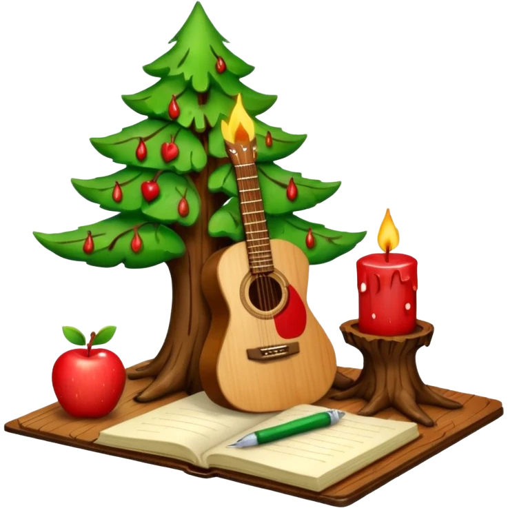 the word 'Gitan' in emoji style, with each letter decorated as a different object: G as a guitar, I as a candle, T as a tree, A as an apple, N as a notebook emoji