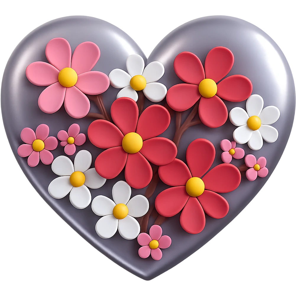 Make the silver details on the heart with sakura more prominent in 3D emoji style. No background. emoji