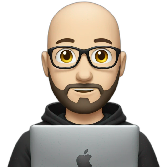 bald white man with a black beard typing on apple computer wearing a black hoodie emoji