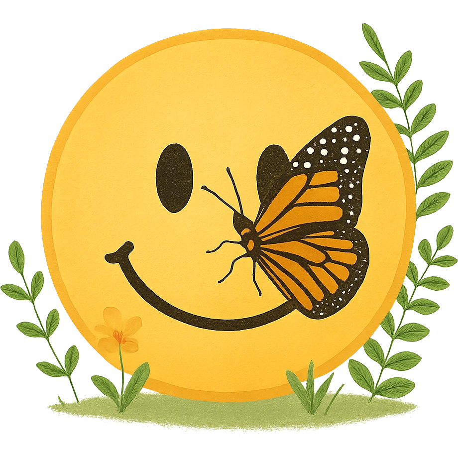 yellow face with butterfly on nose, nature theme, digital illustration emoji