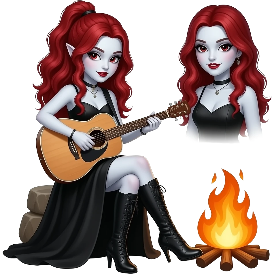 Vampiro femmina ADOLESCENTE con pelle bianca e capelli rosso ondulati lunghi raccolti in una mezza coda che indossa un vestito  lungo fino ai piedi nero e stivali lunghi con tacco neri che sta suonando una chitarra di legno seduta davanti a una falò con la sua amica FEMMINE VAMPIRO emoji