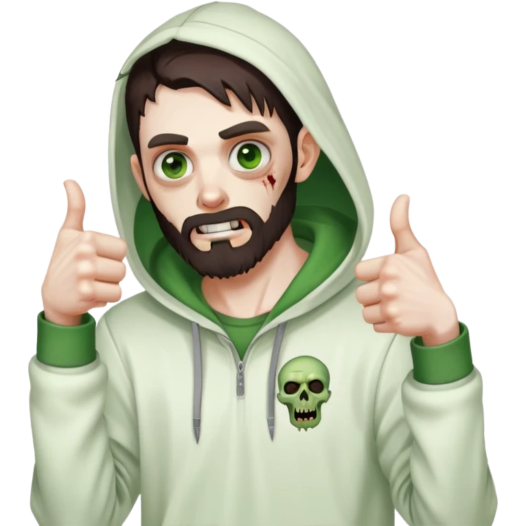 zombie with thumbs up gesture, undercut hairstyle with dark brown hair, short full beard, heterochromia with one green eye and one brown eye, wearing plain white hoodie emoji