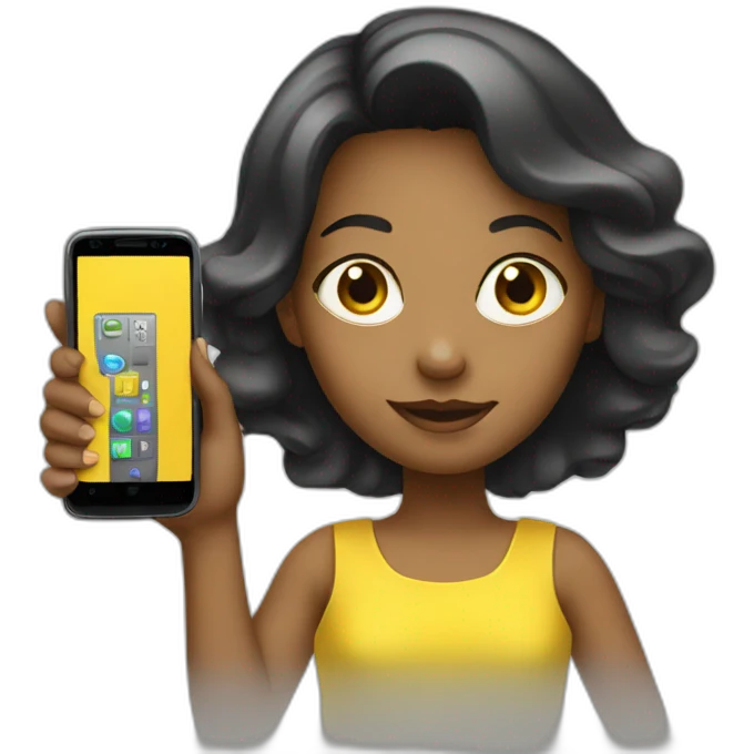 a girl in a yellow dress holding a cell phone emoji