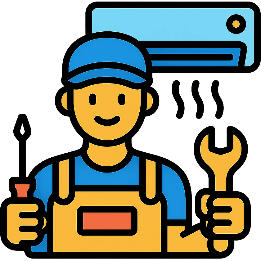 air conditioning technician holding tools, friendly, modern uniform, clear icon style emoji