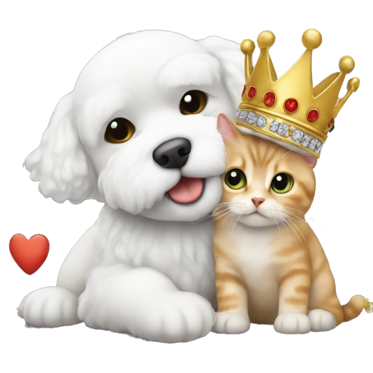 Bichon wearing a crown and kissing a cat emoji