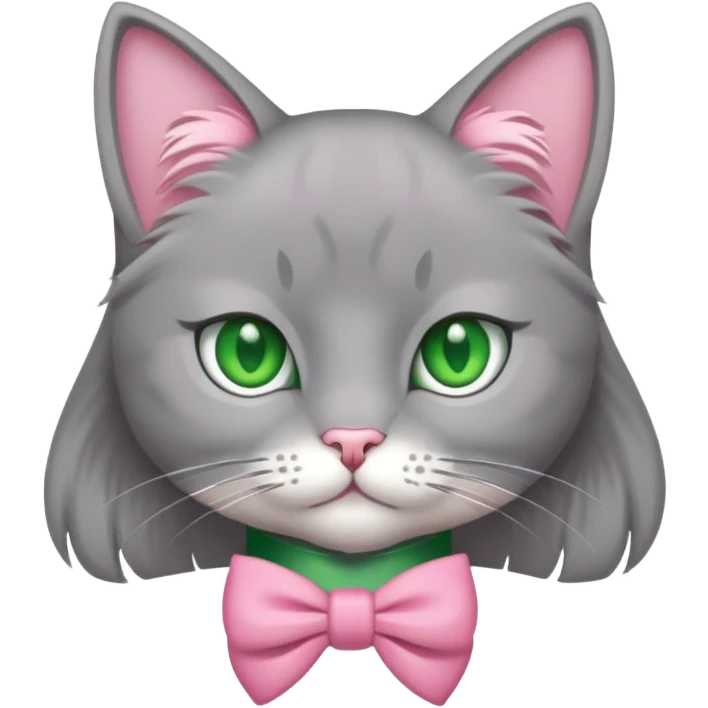 Gatto grigio con tanto pelo , gli occhi verdi e un fiocchetto rosa come collare  emoji