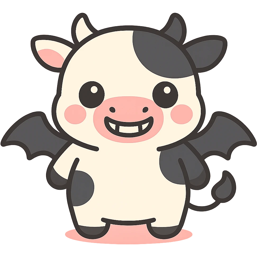 cute evil cow, kawaii style, black and white, little bat wings, grinning mischievously emoji