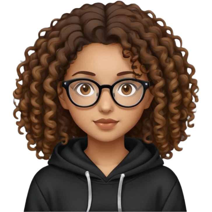 Mixed girl /curly long hair brown / with brown eyes glasses black hoodie  emoji