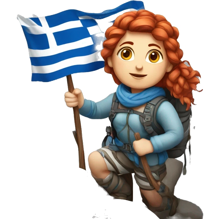 Greek Female winter mountaineer red hair white skin climbing with Greek Flag and Easter eggs basket emoji