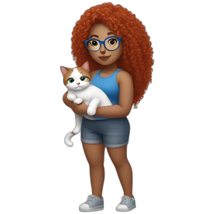 a curvy girl with red curly hair and blue glasses with a white and gray cat in her arms emoji