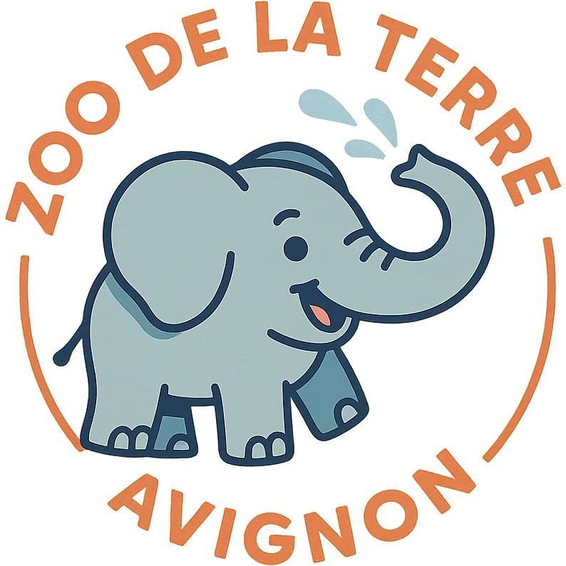 Logo avce un éléphant qui projette de l'eau avec au tour ( en rond ) écris : zoo de la terre avignon  emoji