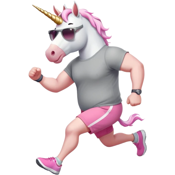 friendly anthropomorphised male white unicorn with an extra chunky, very strong and stocky build, arms and legs matching the white of the head, in grey shorts and pink t-shirt, wearing dark sunglasses, jogging upright in a standard pose emoji