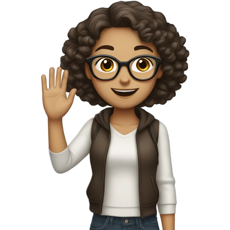 Girl with curly dark brown hair wearing glasses waving emoji