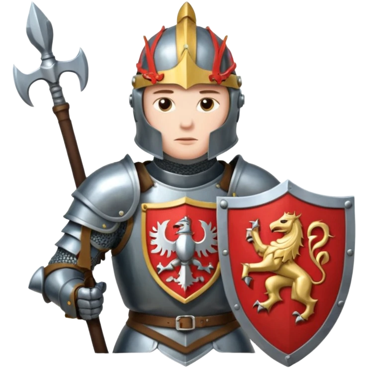 An emoji portrait of a medieval knight. He wears a suit of armor with a stylized helmet. His expression is serious and determined, and he holds a shield with a family crest. emoji