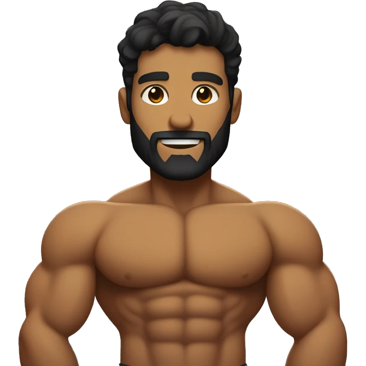 muscular bicep flexing, tight short black wavy hair, sandy brown skin, thin shadowy beard. emoji