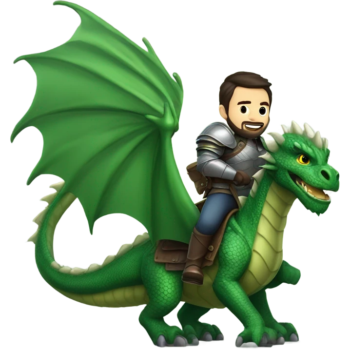 Confident armored White Man with dark brown hair and a short beard riding on the back of a giant green dragon emoji
