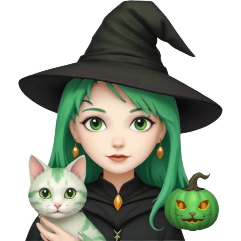 Witch with cat companion, green haired emoji