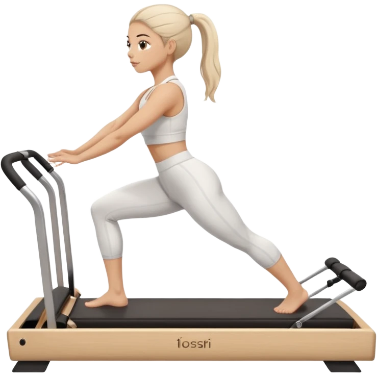 a girl doing reformer pilates, she is wearing a white fit and she has dark straight and loose hair.  emoji