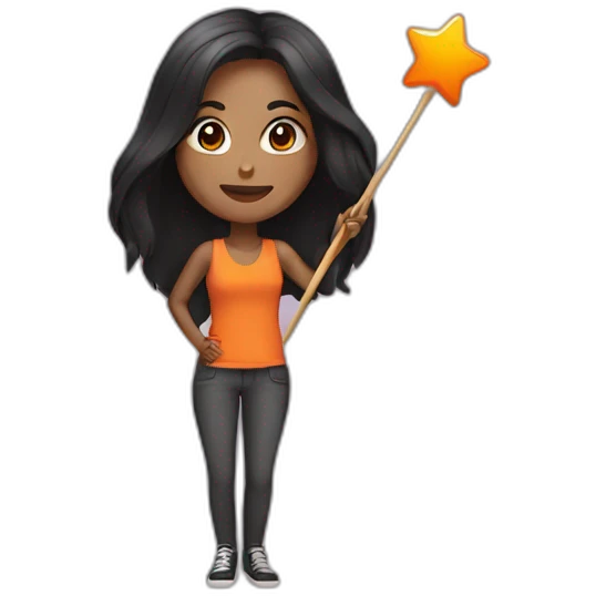 brown woman holding a orange star wand long black straight hair full length emoji