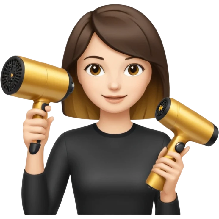 brunette bob girl hair stylist holding a golden hair dryer emoji