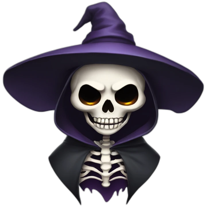 skeleton with vampire teeth wearing a witch hat and cloak emoji