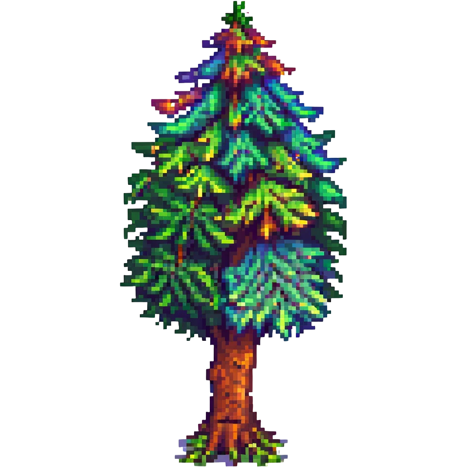 pixel art Terraria tree with a trunk and rainbow foliage, inspired by LGBTQ+ pride, vivid colors, no text emoji