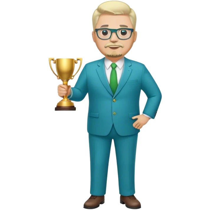 Full Body white fat male  wearing glasses with a goatee with light blonde gray very short hair basketball head Coach in blue and green suit holding trophy emoji