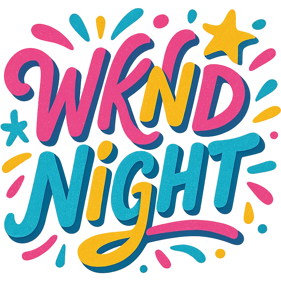 WKND NIGHT as a playful, hand-drawn script logo, colorful, fun weekend energy emoji