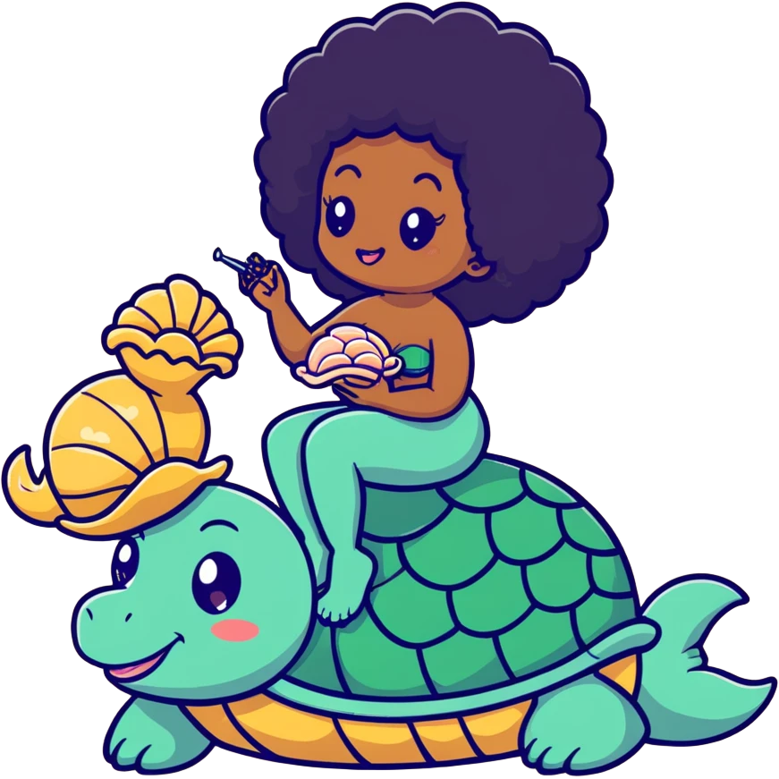 Black mermaid with an Afro sitting on a turtle blowing into a conch shell in the moonlight emoji