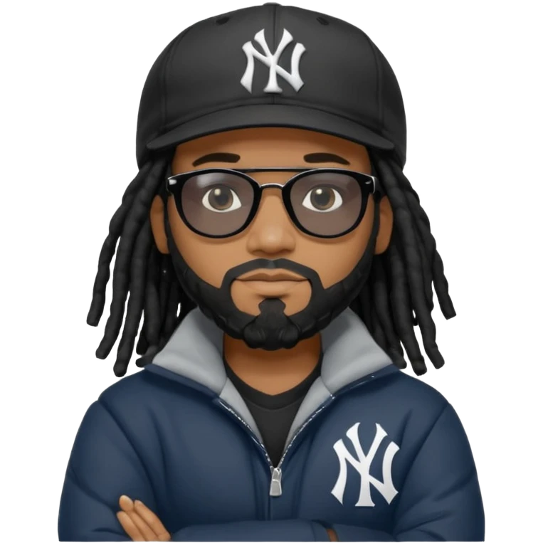 African American man with shoulder length black dreadlocks and black beard wearing black sunglasses with a New York Yankees baseball cap wearing a black bubble winter coat with arms folded emoji