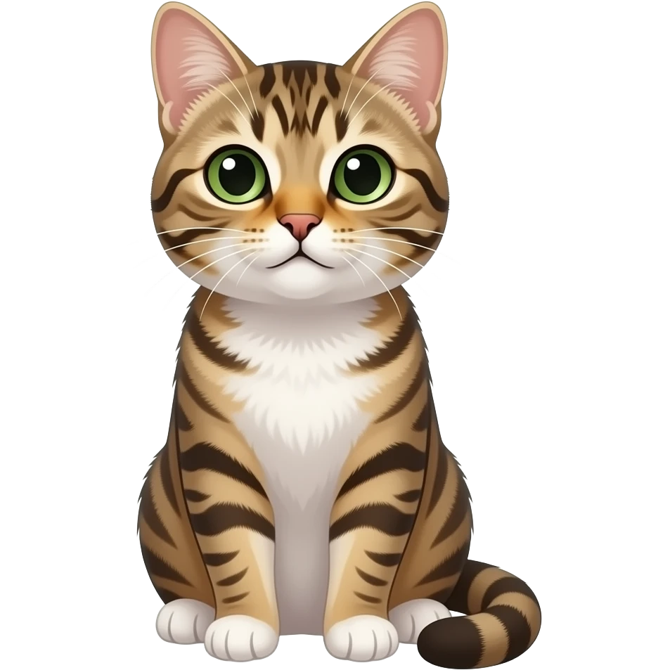 small tabby cat with green eyes, white chest, and white paws, sitting upright and looking up emoji