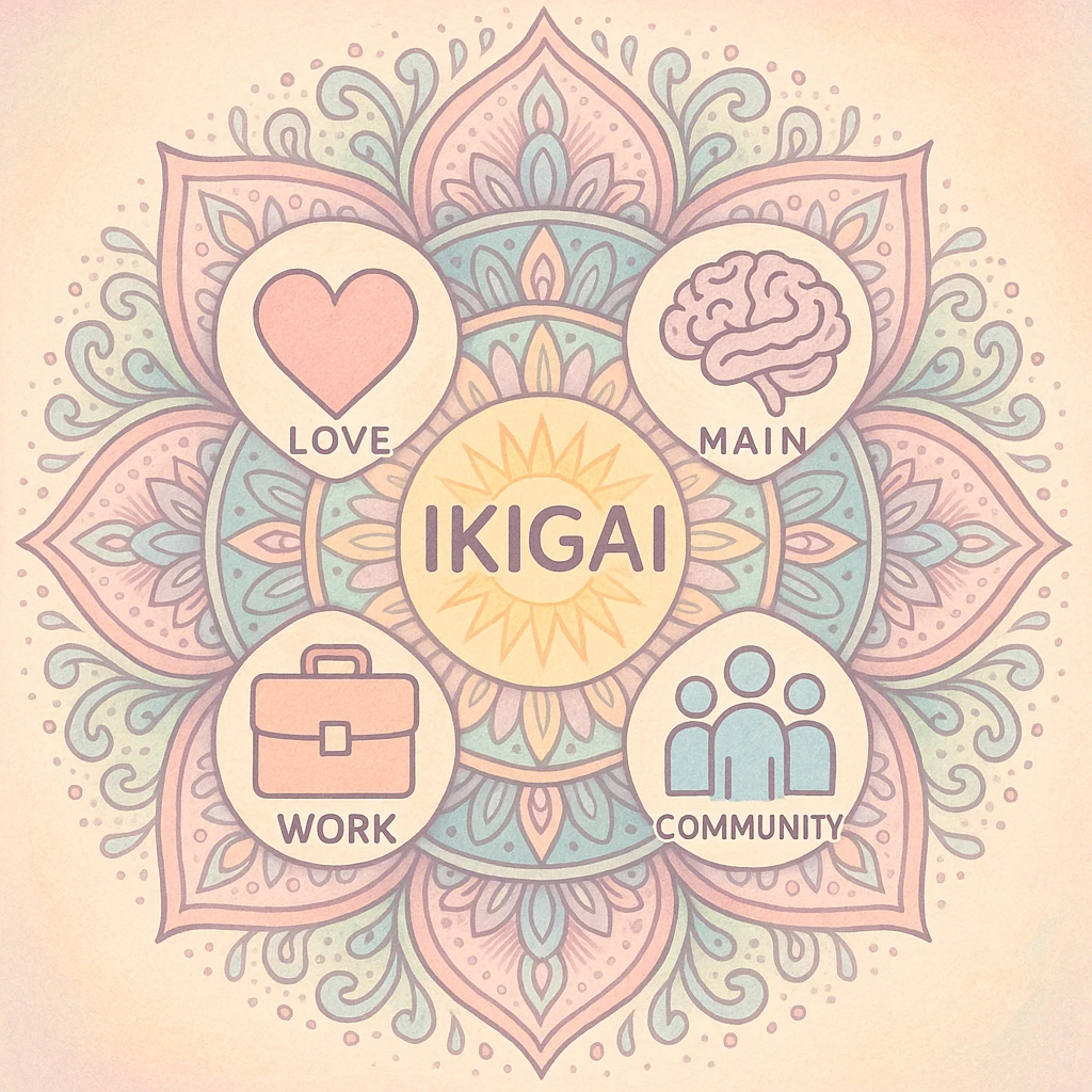 Ikigai depicted as a radiant mandala, blending symbols of heart, mind, work, and community, in a soft, pastel color palette emoji