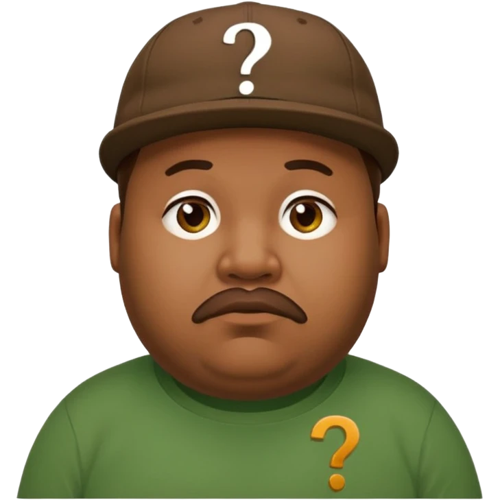 fat man with brown cap and green t shirt printeed a question mark emoji