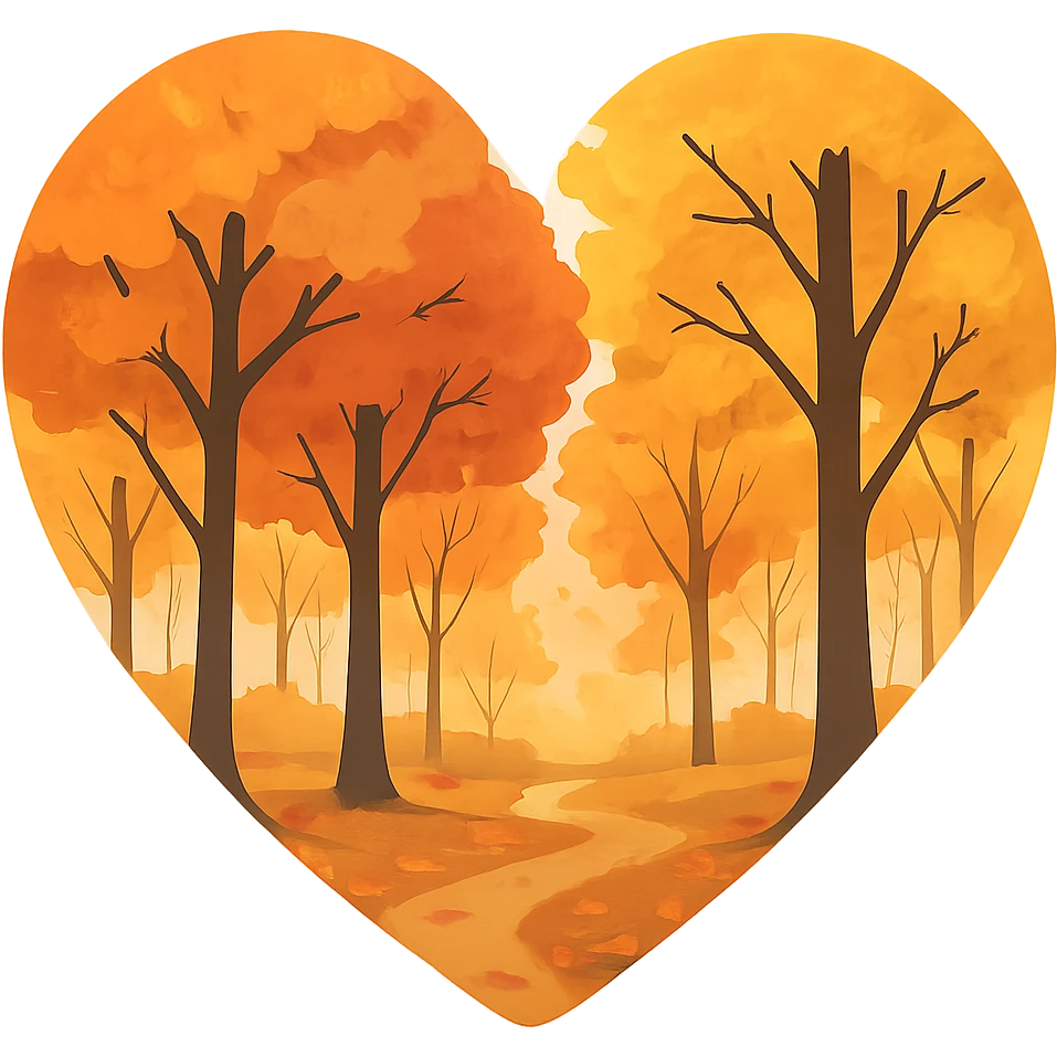 heart with an autumn forest theme, clean digital illustration emoji