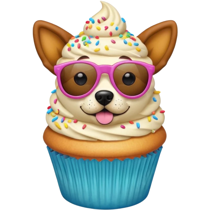 funny colorful cupcake with dog head wearing sunglasses, emoji style emoji