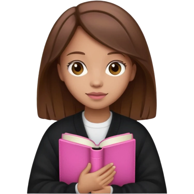 a light skin girl with brown hair and a dark cardigan holding a pink bible  emoji