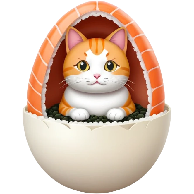 cat sitting in an egg made of sushi emoji