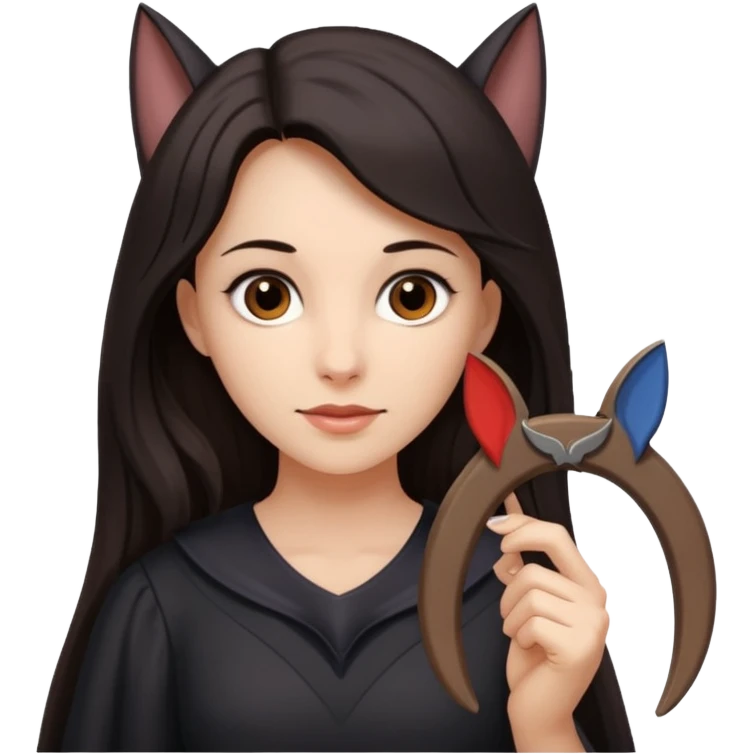 woman with long dark hair holding a horsehoe bat emoji