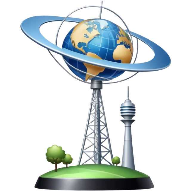 An icon featuring a satellite dish, cell tower with signal waves, and an earth, connected by lines, symbolizing telecommunications. The design includes data signals, network nodes, and a mobile device, representing global digital communication. Transparent background emoji