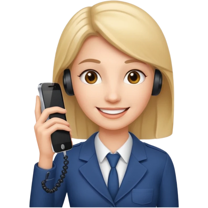 female phone support agent smiling, holding phone emoji
