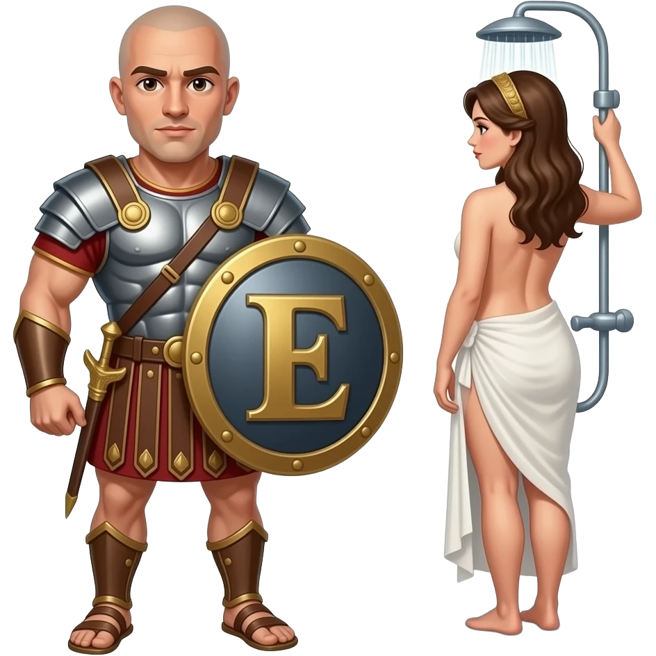Muscular Roman soldier bald with brown eyes the Letter E on the shield with empress in shower facing away nude ass emoji