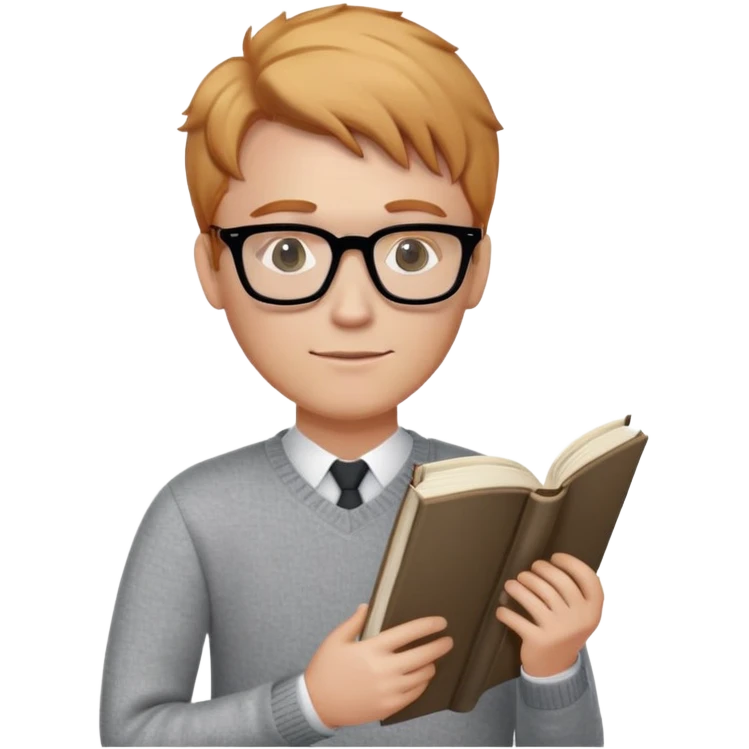 English teacher with strawberry blonde hair, black glasses, and a book in his hand. He wears a grey sweater emoji