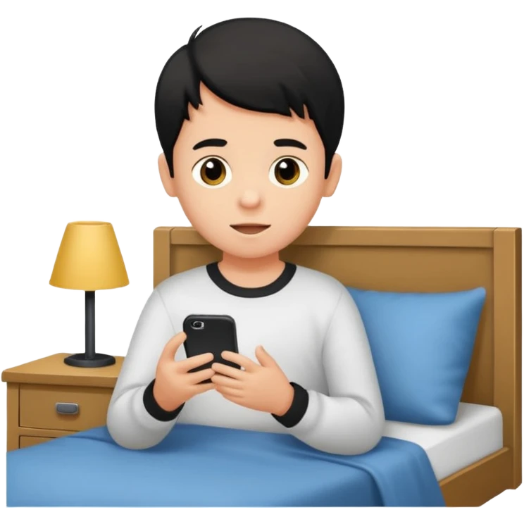 un niño de entre 3 - 10 años jugando con su celular, cansado y sentado en una habitacion apagada, el niño tiene piel blanca y cabello negro (hombre)

 emoji