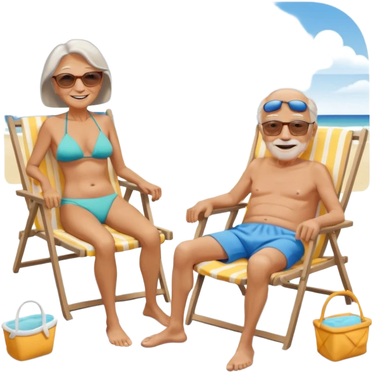 an emoji that shows elderly one very slim woman in bikini and one man with dickbauch in bath shorts, both are retired and are lying in sun-chairs at the beach to recover from retiring-stress emoji