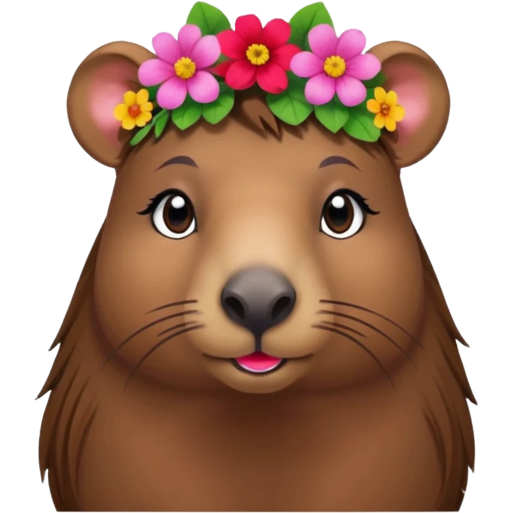 capybara with faka eye lashes and make up on - bright lipstick and eye make up - long brown hair, flowers in her hair

 emoji