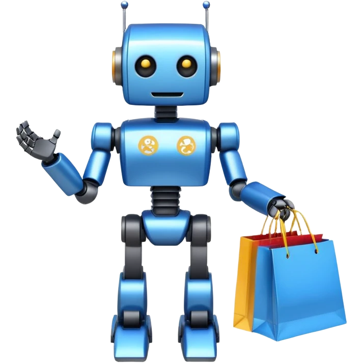 black friday robot with blue and metalic colours with bags in his hands emoji