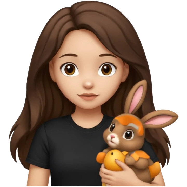 Girl About 15 years old with light skin and brunette Long slightly wavy hair, with dark brown eyes. Shes wearing black t-shirt. In her hand she's holding a brown bunny with ears down emoji
