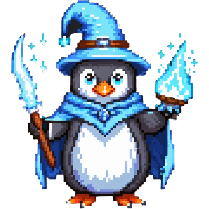 Penguin wizard casting an ice spell, with a pointed hat emoji