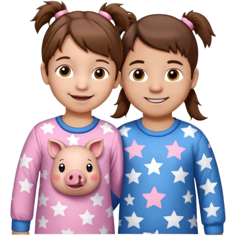 A toddler girl with brown hair with two pig tails, wearing pink pajamas with white stars on them. With a 4 year old boy with spikey brown hair, wearing blue pajamas with white stars on them. Both light skin and smiling. Both with a mix of big and small white stars on the pajamas  emoji